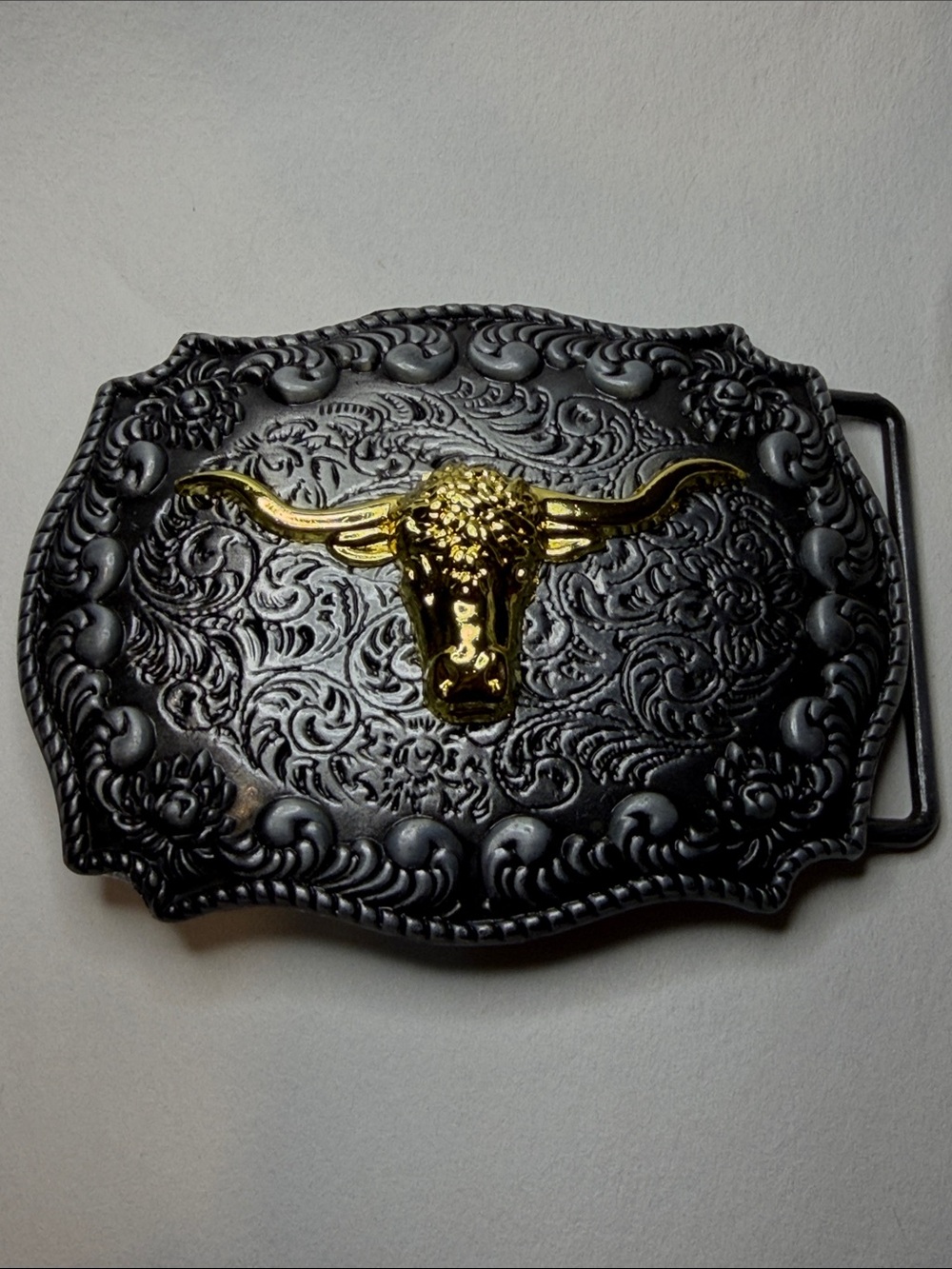 Western Men's Black Belt Buckle with Gold Longhorn Accent - Picture 2 of 7